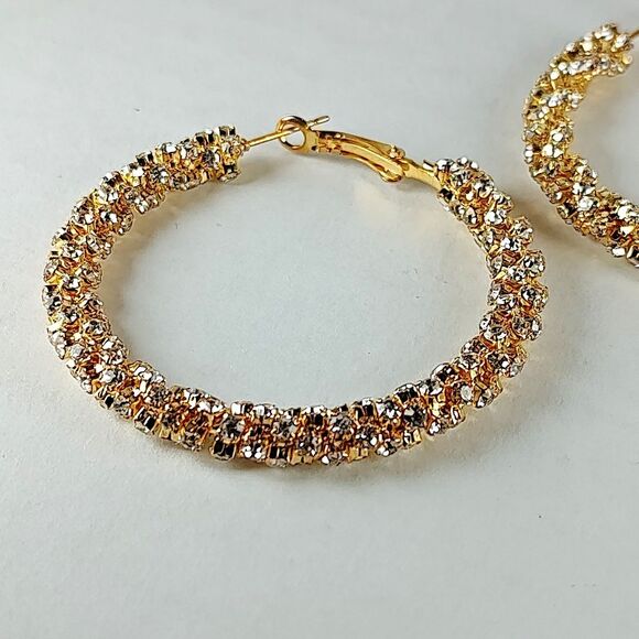 Gold Tone Metal White Colorless Rhinestones Hoop Statement Fashion Earrings - Picture 7 of 16